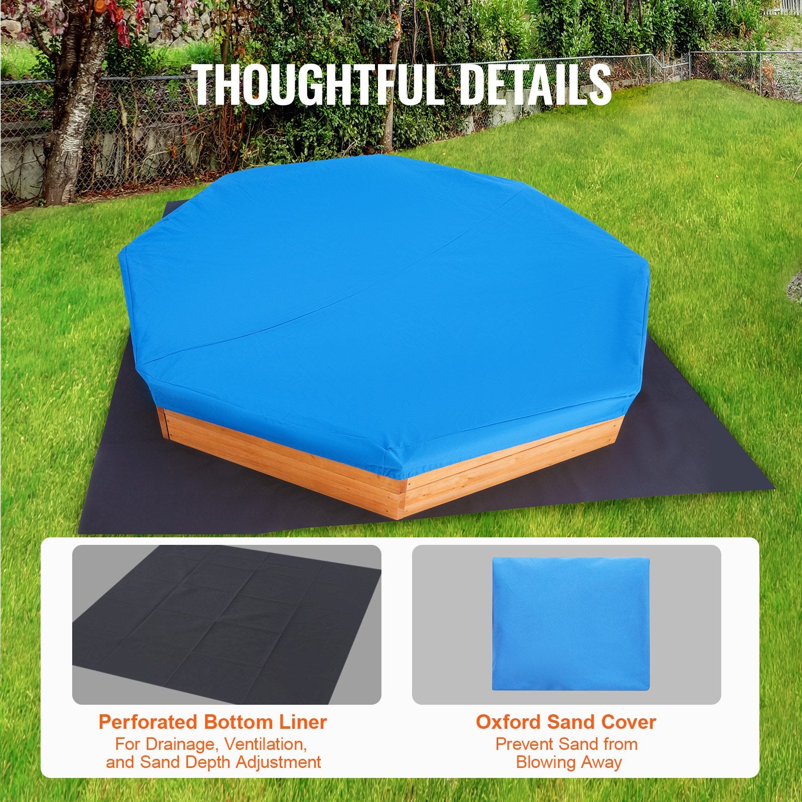 Wooden Octagonal Kids Sandbox with Cover & Seats – Outdoor Sand Pit for Backyard (Ages 3–12)