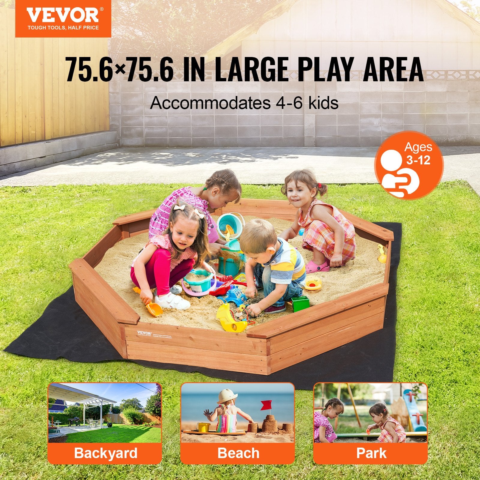 Wooden Octagonal Kids Sandbox with Cover & Seats – Outdoor Sand Pit for Backyard (Ages 3–12)